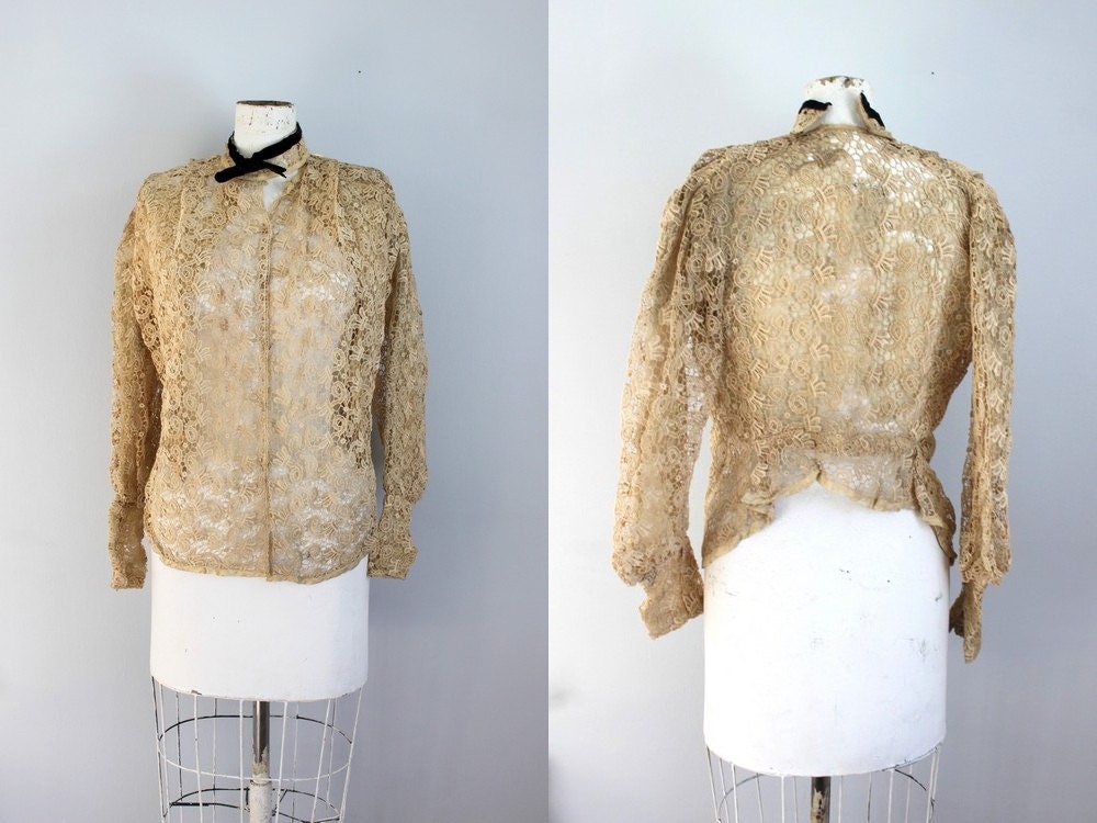 antique victorian lace poet sleeve blouse / black velvet bow collar / as is - SM