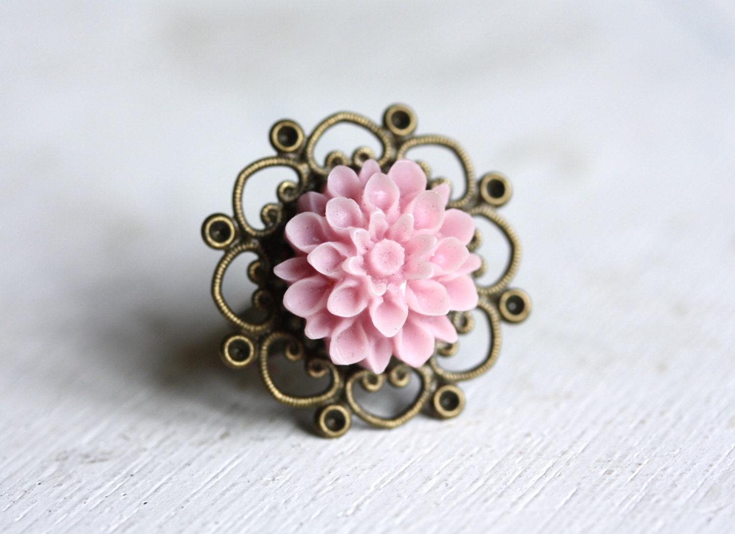 Baby pink ring with chrysanthemum flower cabochon