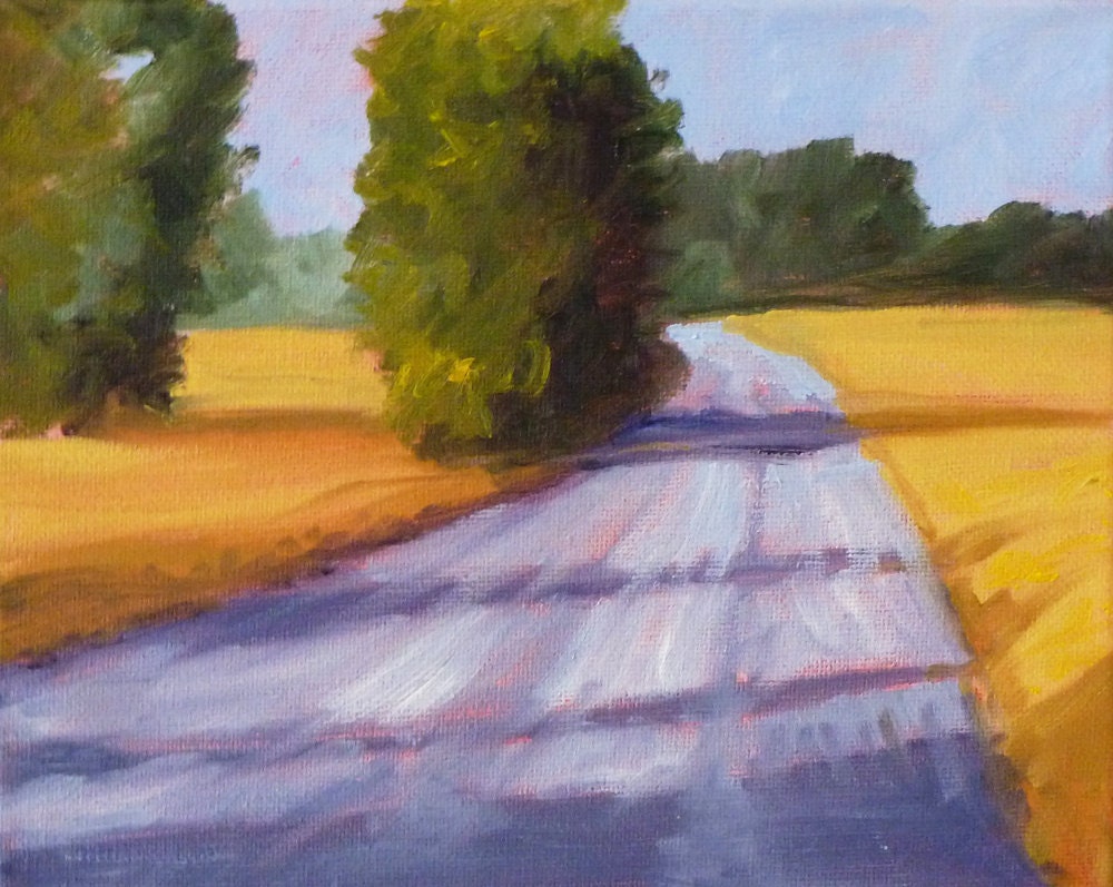 Original Landscape Oil Painting, 8x10 on Gallery Canvas, Summer Scene, Road Shadows, Wall Decor