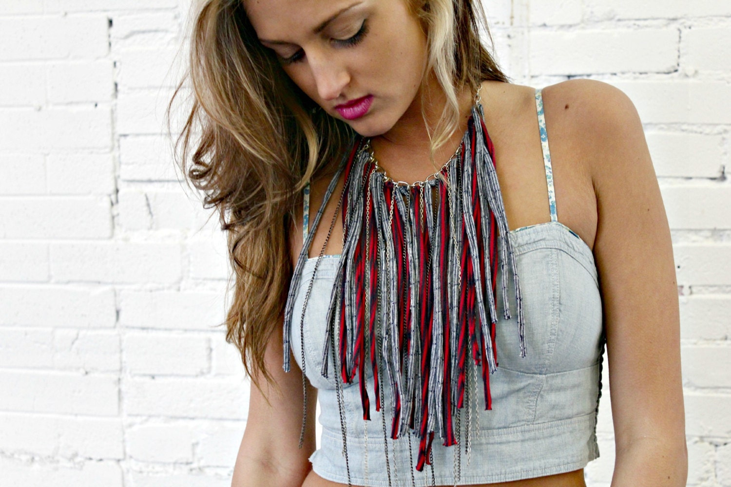 Fringe Necklace Choker from Re-purposed Knit and Chain