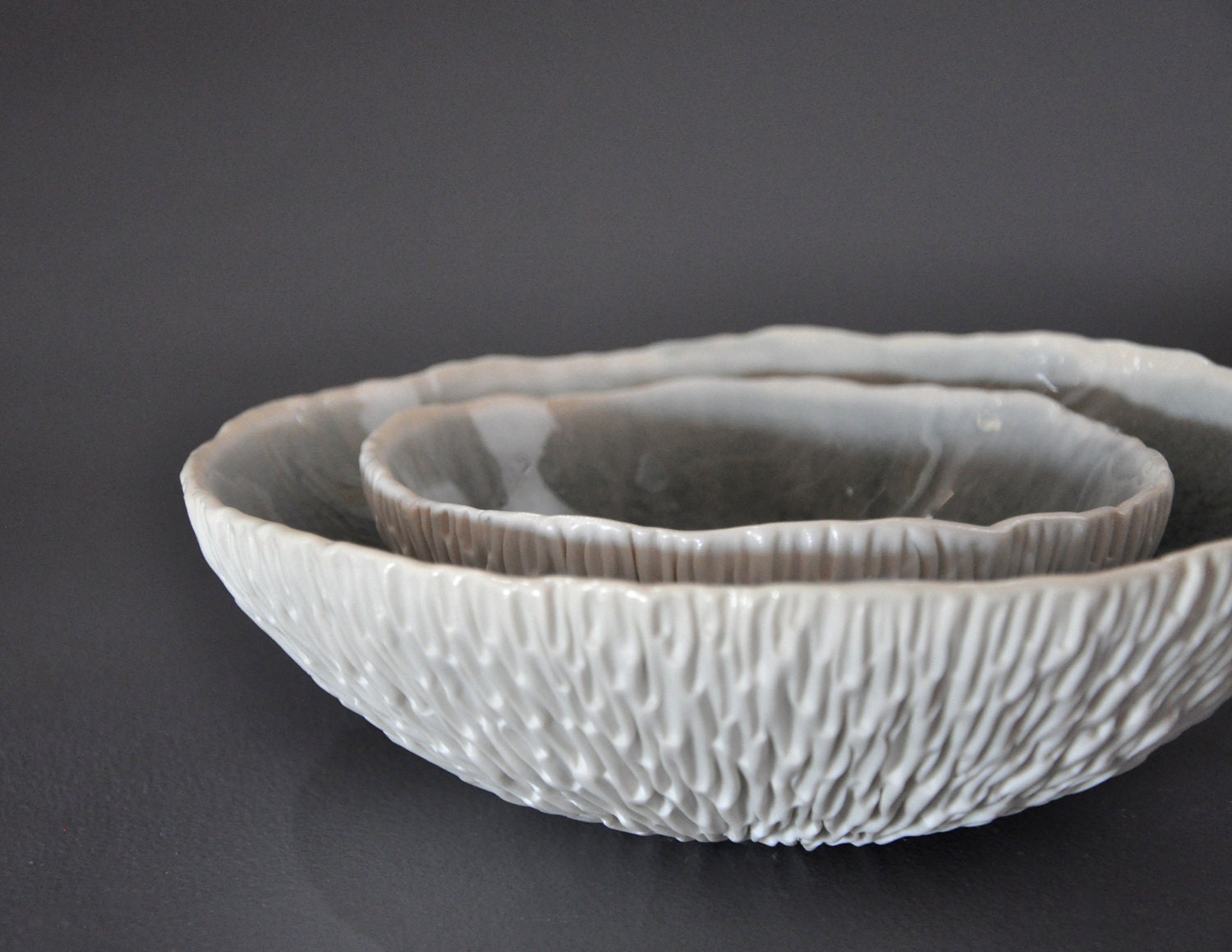 SALE- Grey Sky Large Geode Textured Bowl - White Porcelain Ceramic Serving Dish Modern Centerpiece