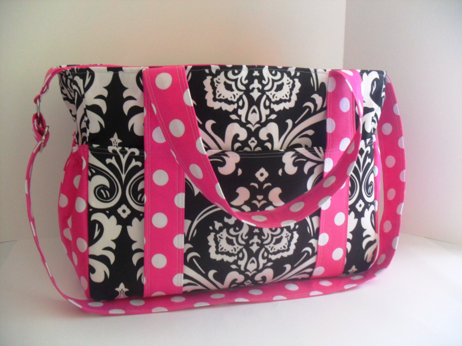Extra Large Diaper bag Made of  Black Damask Fabric / 12 Pockets