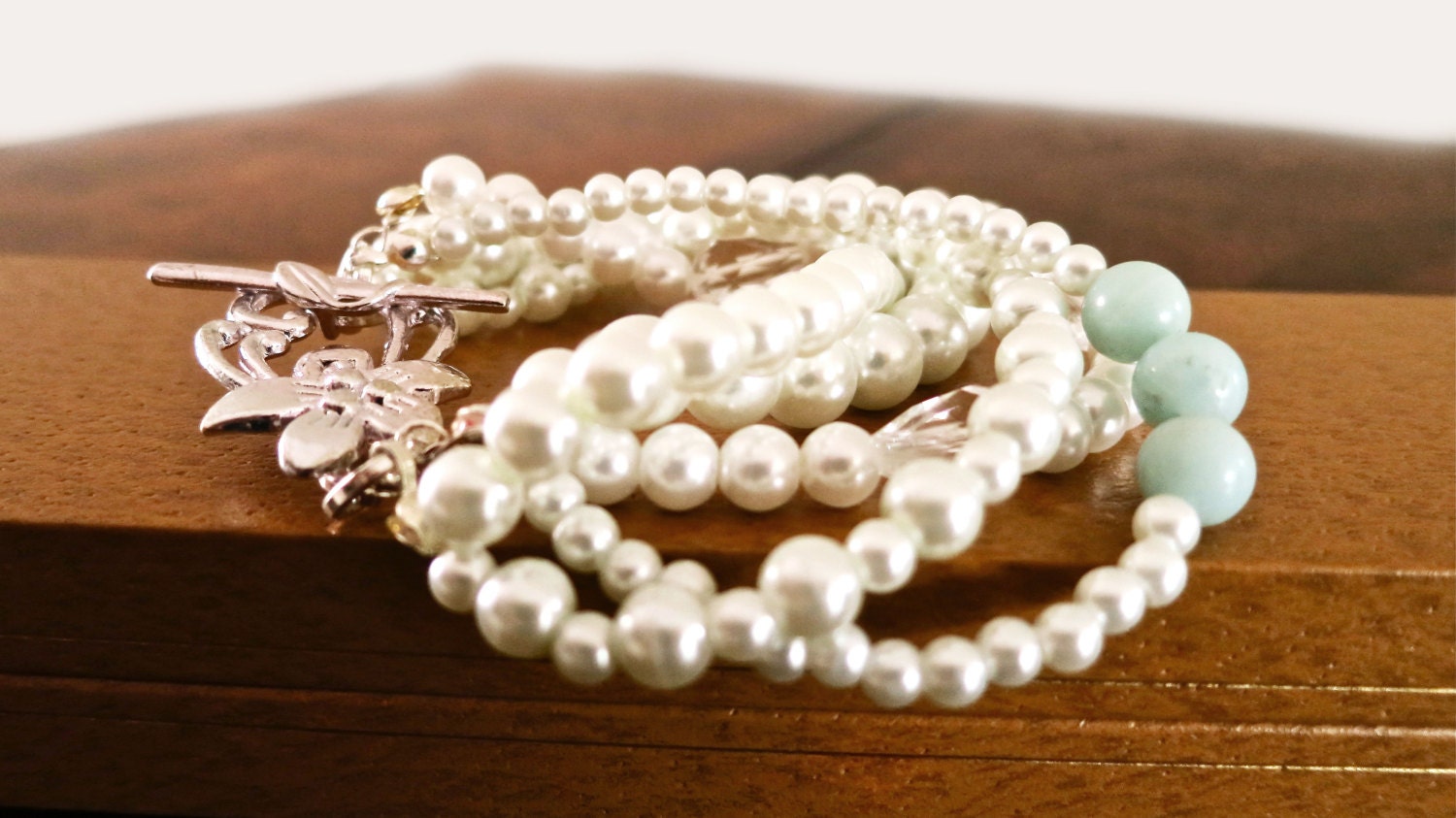 Wedding Pearl Bracelet  Chunky Something Blue for Bride Crystal Pearl Bridal Bracelet, Silver Jewelry