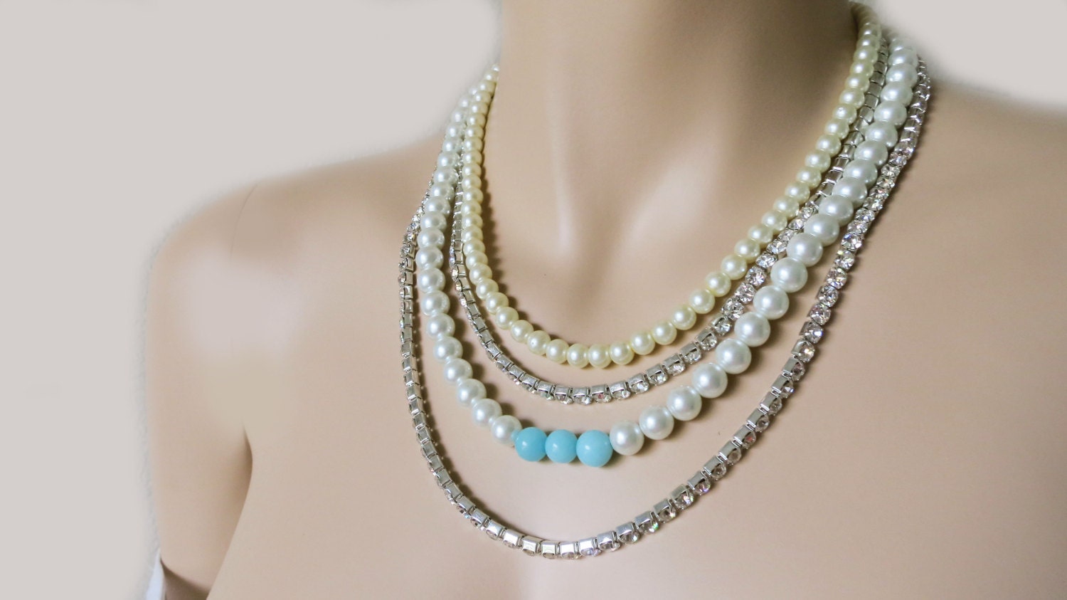 Something Blue for Wedding,, Wedding Pearl Necklace, Bridal Rhinestone Necklace, White Pearl Necklace, Pearl Necklace, Wedding Accessories
