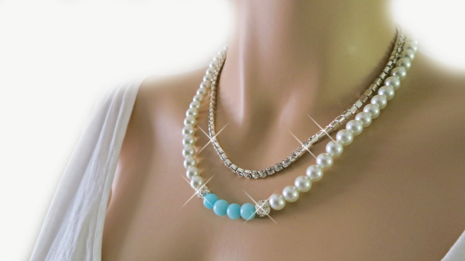 Bridal Jewlery, Pearl Necklace with Rhinestone, Fire Balls, Something Blue, Bridesmaids Necklaces