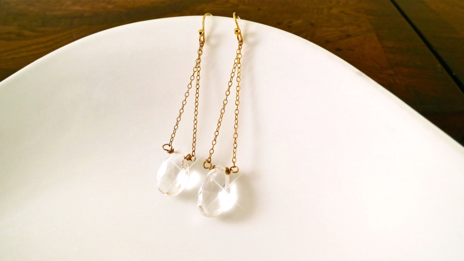 Bridal Crystal Earrings Clear Rock Crystal Quartz Briolette Gold Wedding Dangle