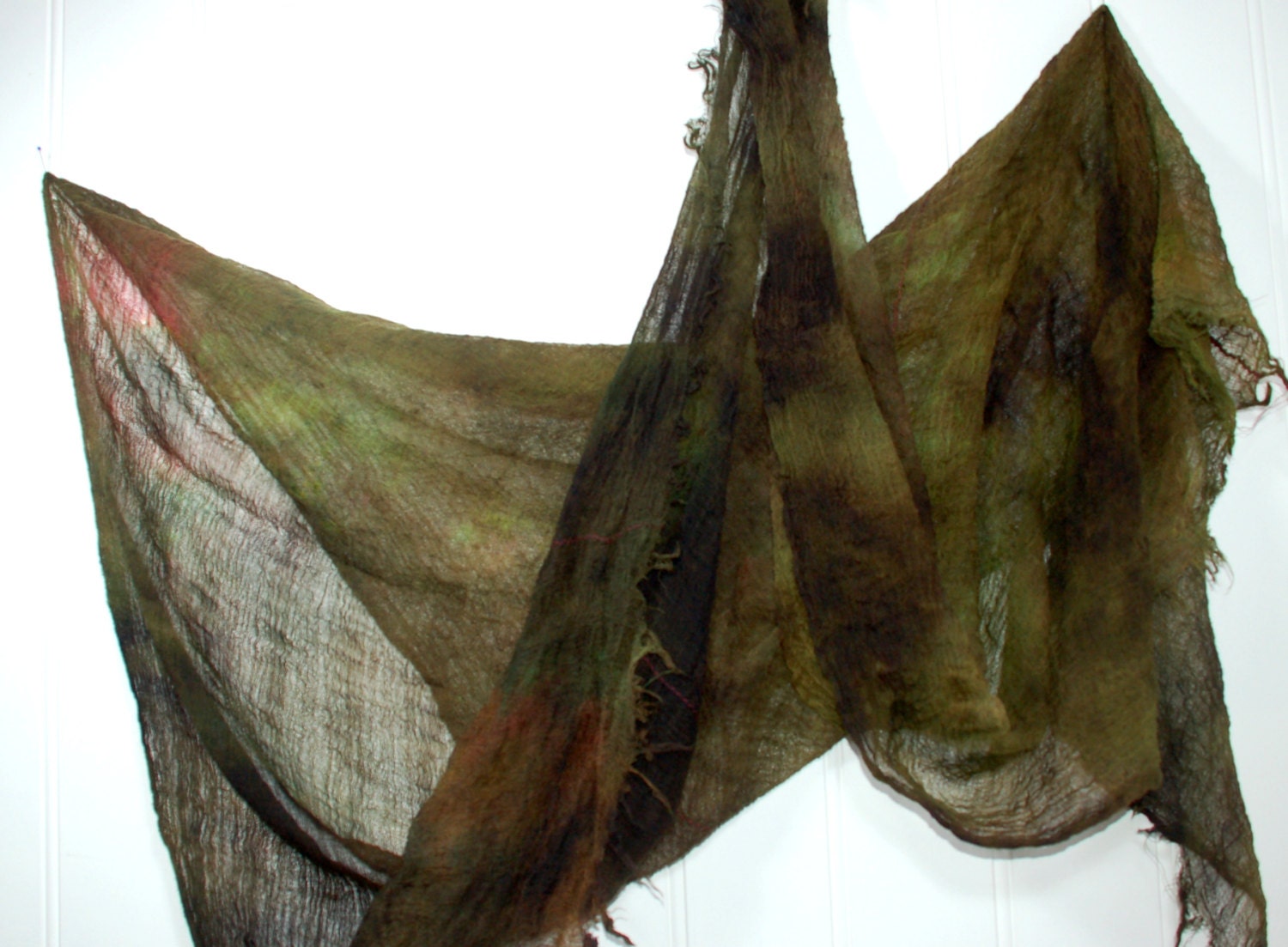 Wool gauze green red hand dyed shawl
