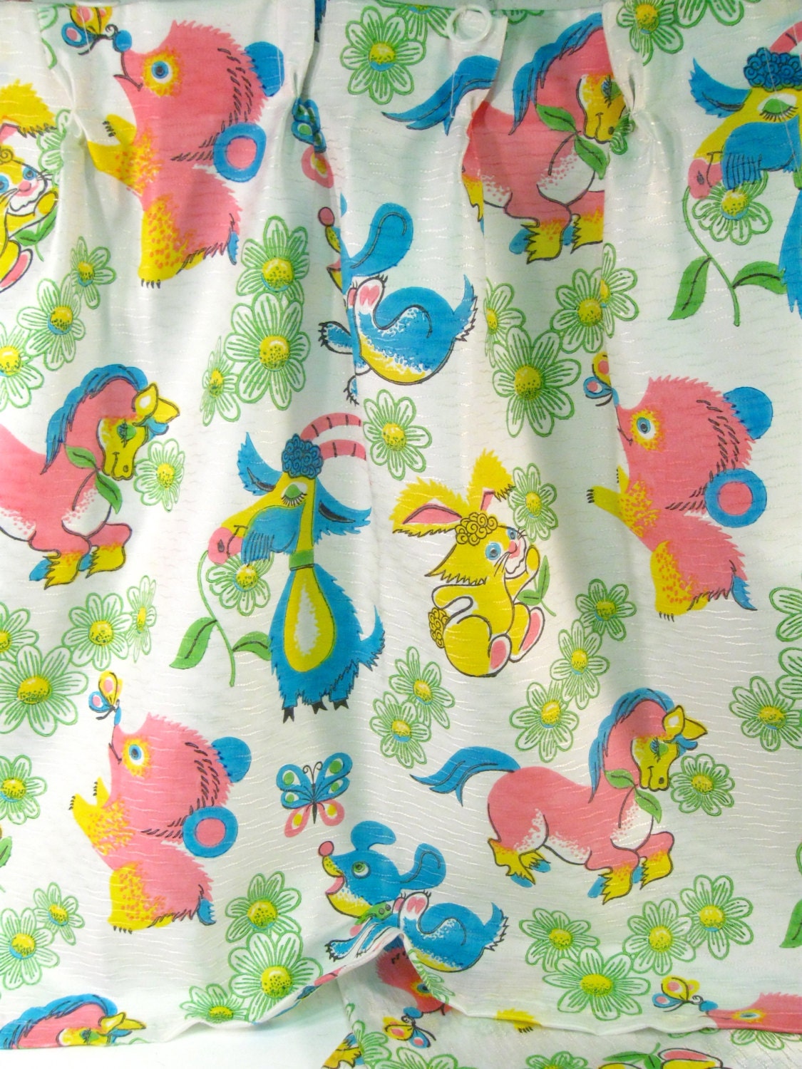 Vintage mid century modern nursery curtains, retro childs room decor with cute animal print 1960s