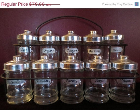 ON SALE Vintage Retro 50s Kitchen Chrome Glass 10pc Spice Jar Set