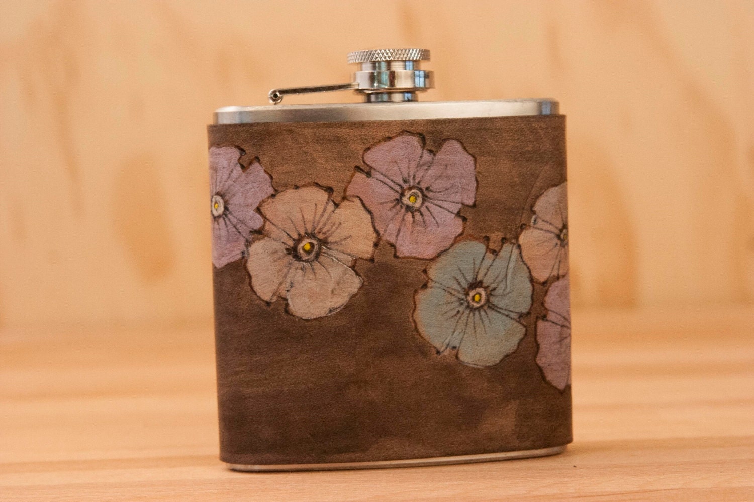 Poppy Garden Flask - Leather in purple, silver, sage and Antique Black - Stainless Steel 6oz