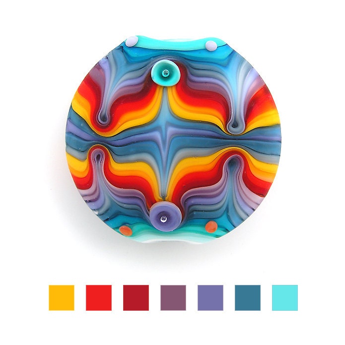 Lampwork glass lentil focal bead. Nectarine,Poppy Red,Monaco Blue, African Violet