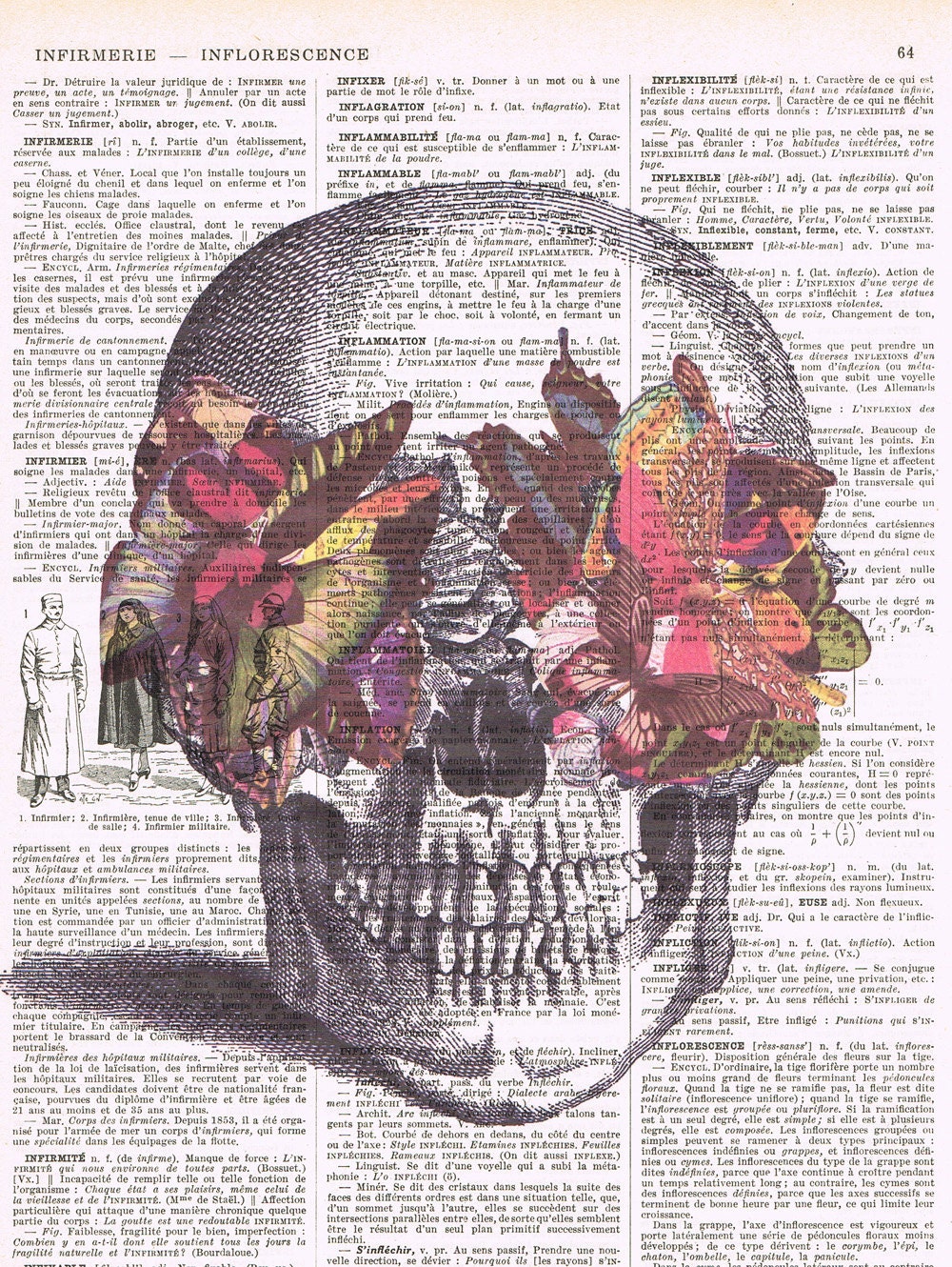 Skull.Butterfly.Birthday, Gift , French, Vintage. Antique Book Page Print, buy 3 get 1 free.deco.steampunk.goth.new.collage.hipster.father