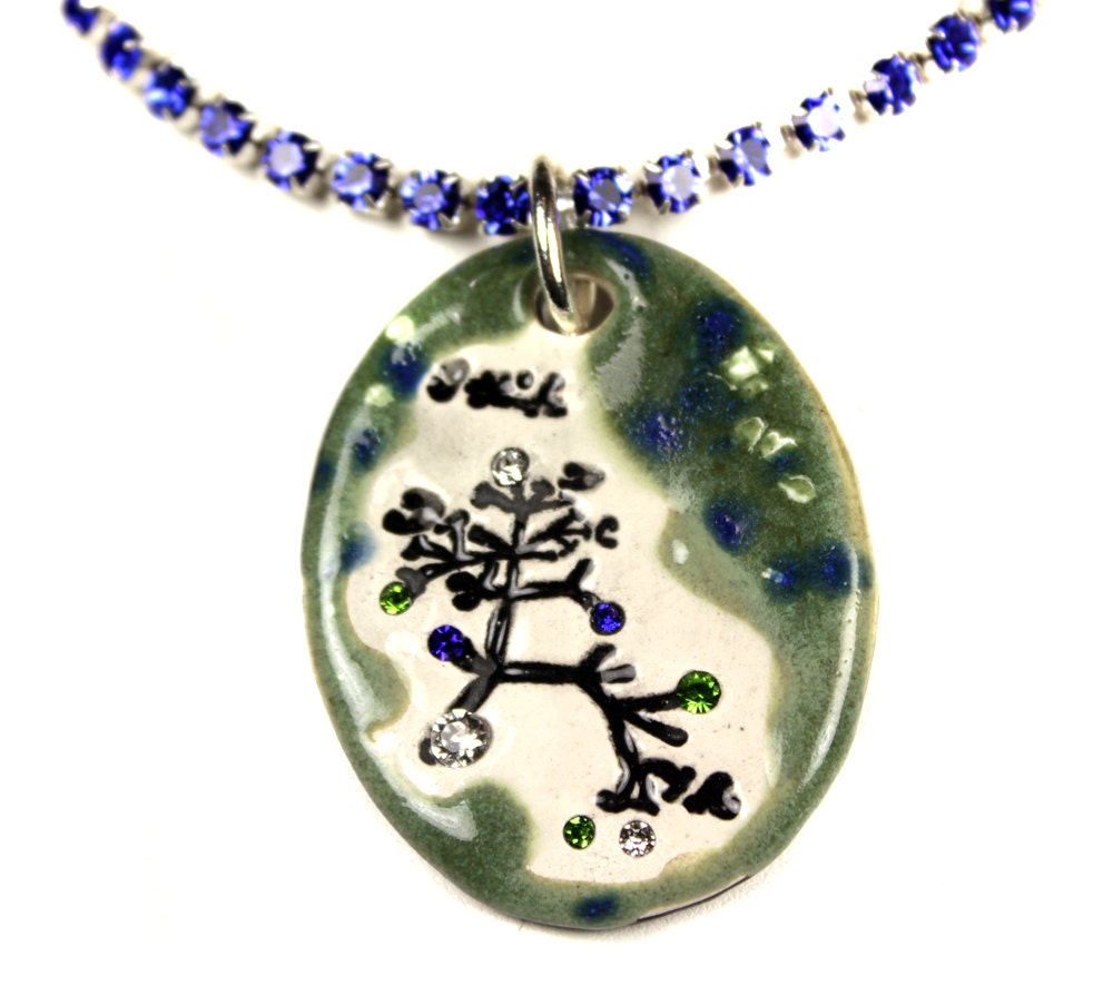 Darwin Tree Sparkle Surly Necklace with Swarovski Crystals and Blue Rhinestone Chain