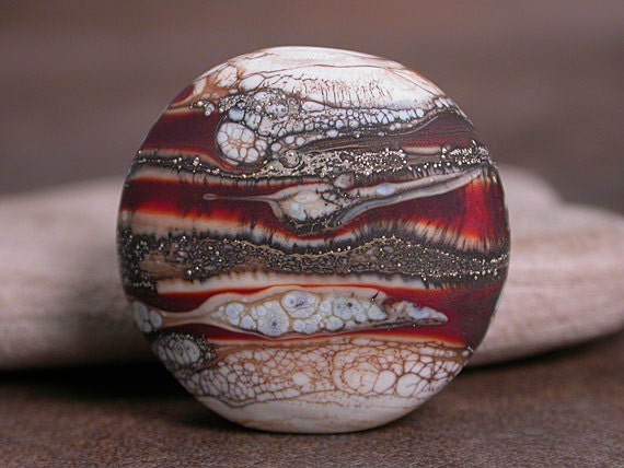 Lampwork Glass Focal Bead Etched Ivory with Flint Red Silvered Ivory Divine Spark Designs SRA LETeam