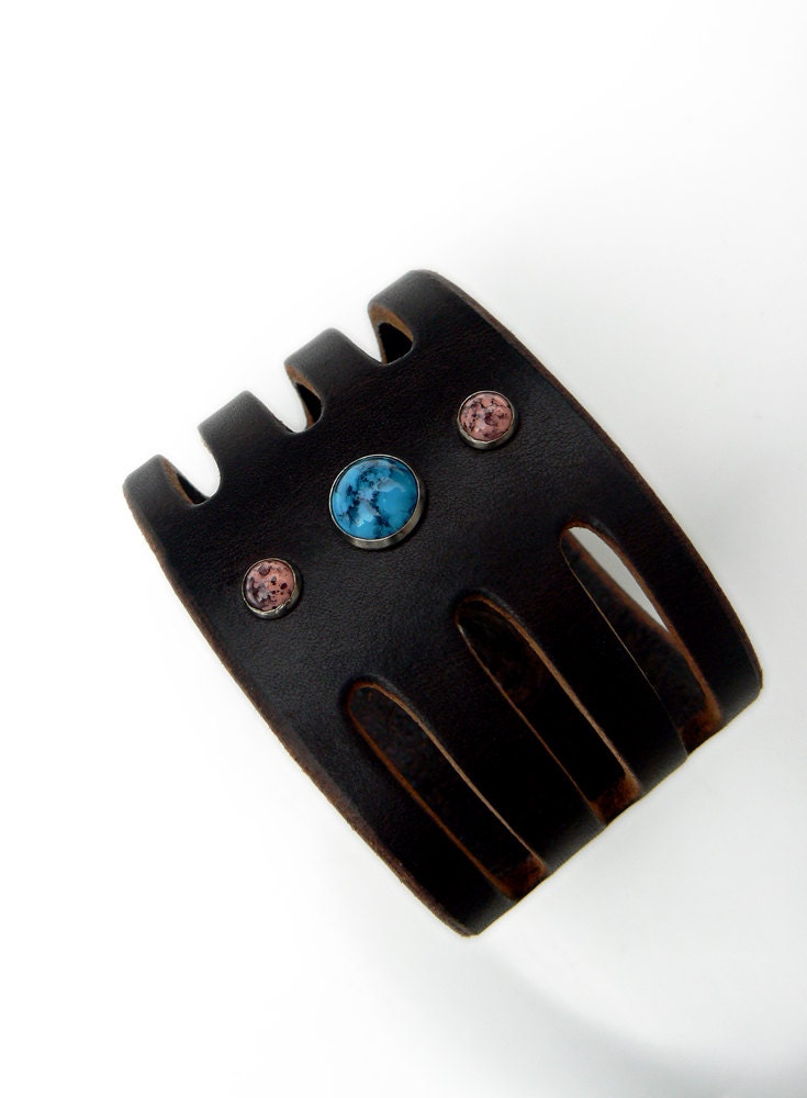 Trinity Cuff with Turquoise and Coral Stones - Adjustable -  Men's Women's Unisex