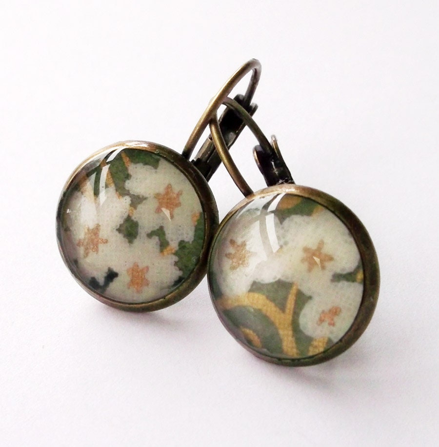 Japanese Brass Earrings Chiyogami Washi - Paper Whites