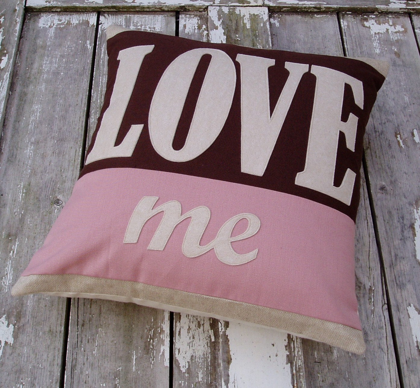 ONE OFF ITEM. Love me Cushion/pillow in chocolate brown, pale pink linen & wool felt fabric.