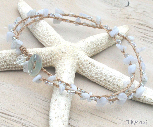 Blue Lace Agate Crocheted Wrap Anklet, Bracelet or Necklace, Beachy Boho