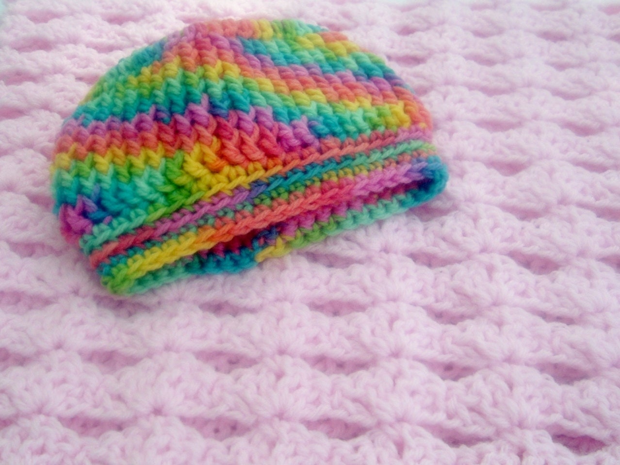 Crocheted Baby Afghan Receving Blanket Baby Pink With Beanie