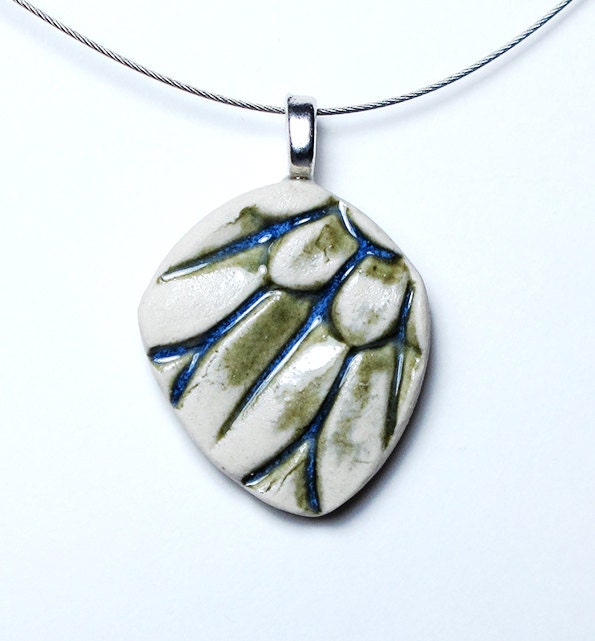 Handmade Oval Ceramic Pendant - Blue Green Flower