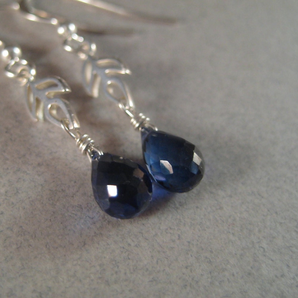 Blue Quartz Earrings, Sterling Charm Earrings, Faceted Briolette Earrings, Sapphire Blue, Sterling Silver Earrings