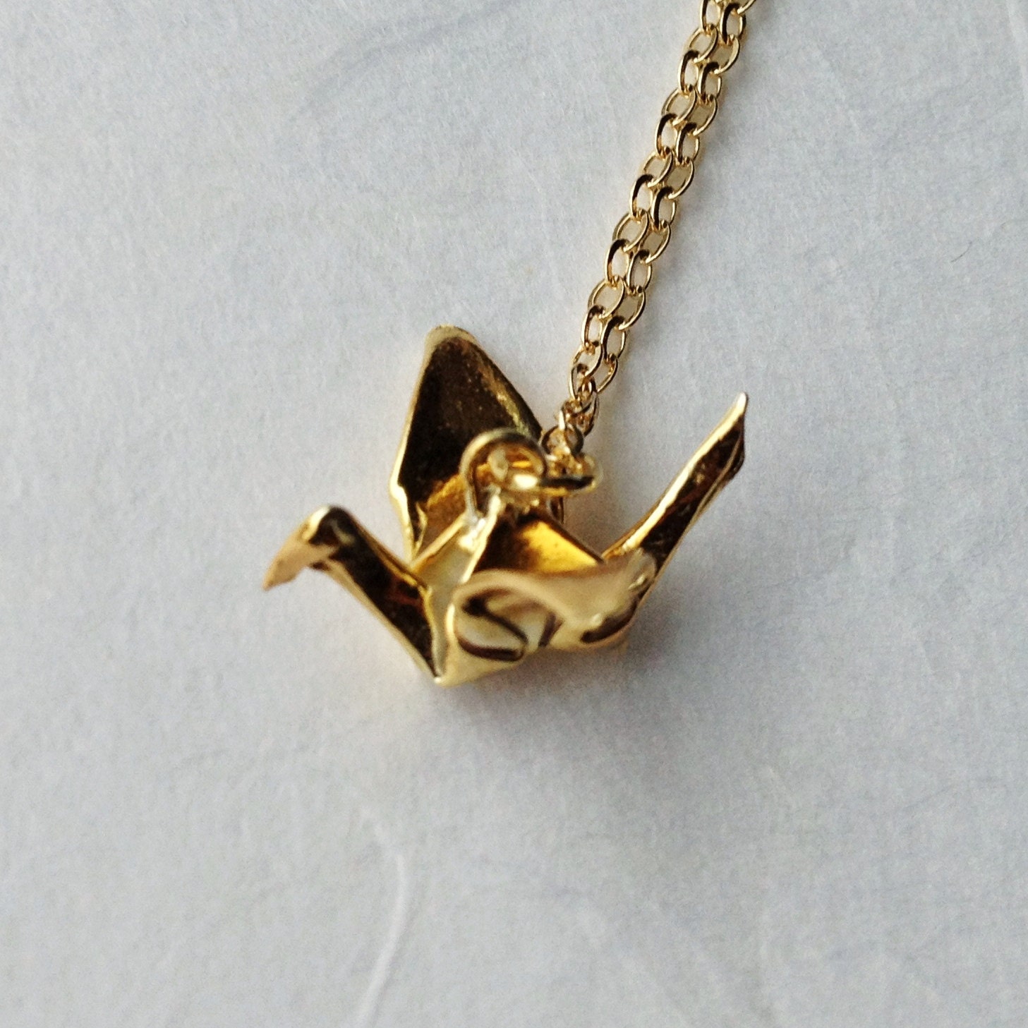Gold Origami Crane Pendant - True Origami Jewelry - Gold Plated Crane