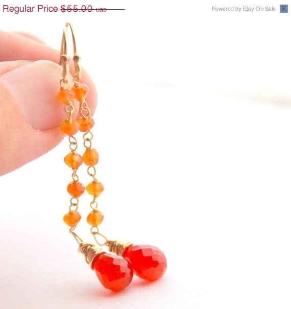 20% off sale Orange red gemstone earrings, carnelian earrings, gold earrings, drop earrings, dangle earrings, tangerine tango
