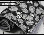 Pirate Skull and roses baby or toddler blanket Black Gray and white girl boy unisex with charcoal grey minky dot