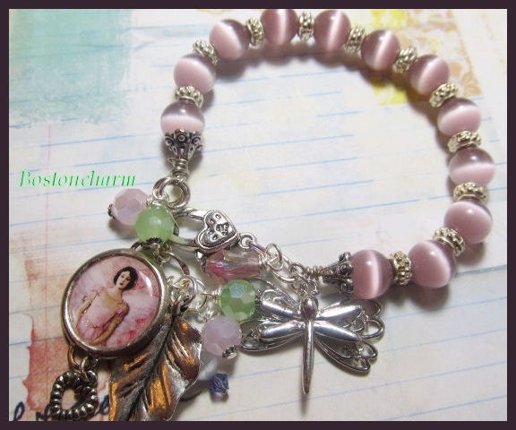 Winged Fairy, Dragonfly, vintage style, beaded, Handmade, chunky style jewelry,  Altered art Beaded Bracelet  Charm Bracelet   ooak  ebsq