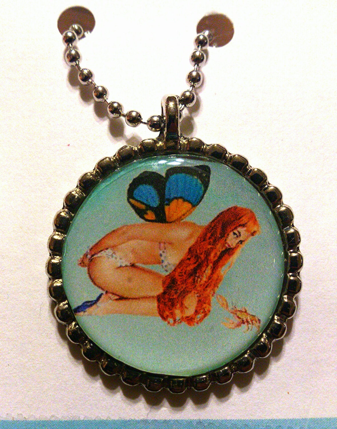 Sexy Redhead Butterfly Pin Up Girl Pendant