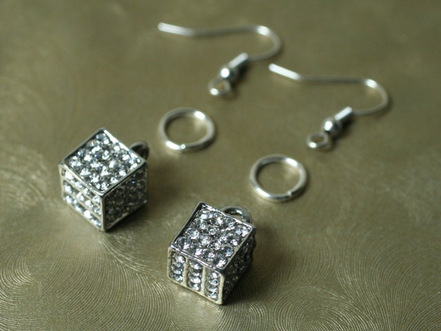 DIY earring Kit, Silver plated crystal cube charm/pendant with clear crystals , one set (item ID SPGC16T)