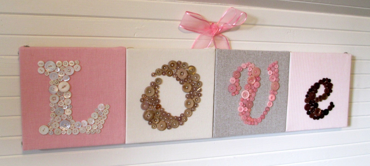 Baby Nursery Art Custom LOVE Button Wall Hanging on 8"x8" Canvases -- You Choose Fabrics and Colors