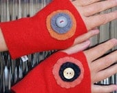 Recycled Wool Sweater Wrist Warmers Hand Warmers- Orange with Doodads S-M