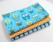 Baby Boy Burp Cloth Gift Set - Bright Owls in Turquoise - Set of 3 Coordinating Burp Pads in Cotton Fabrics