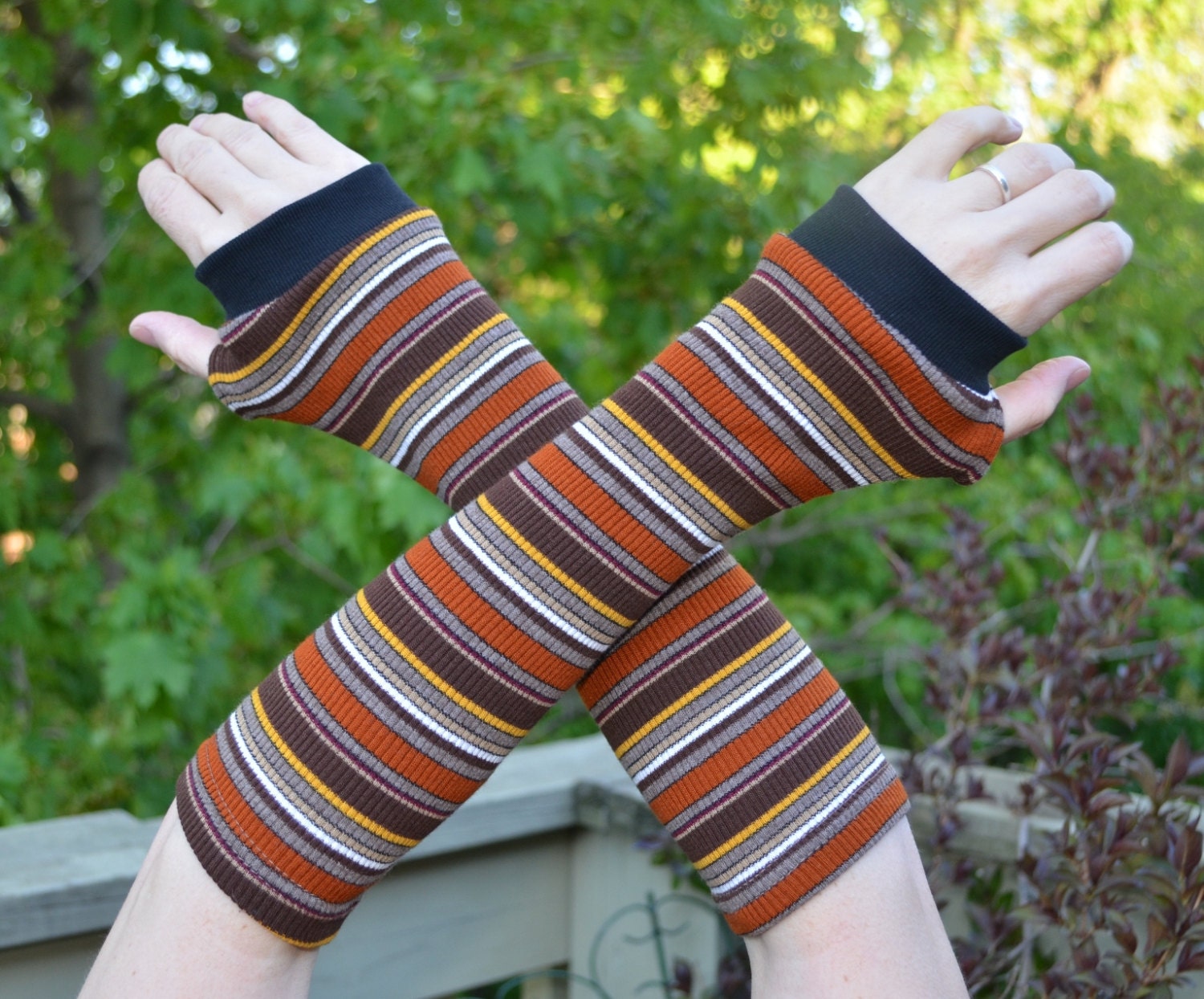 Upcycled Sleeves Arm Warmers Earth tones Brown Orange Cotton Fairy Pixie Elf Woodland Folk Fantasy