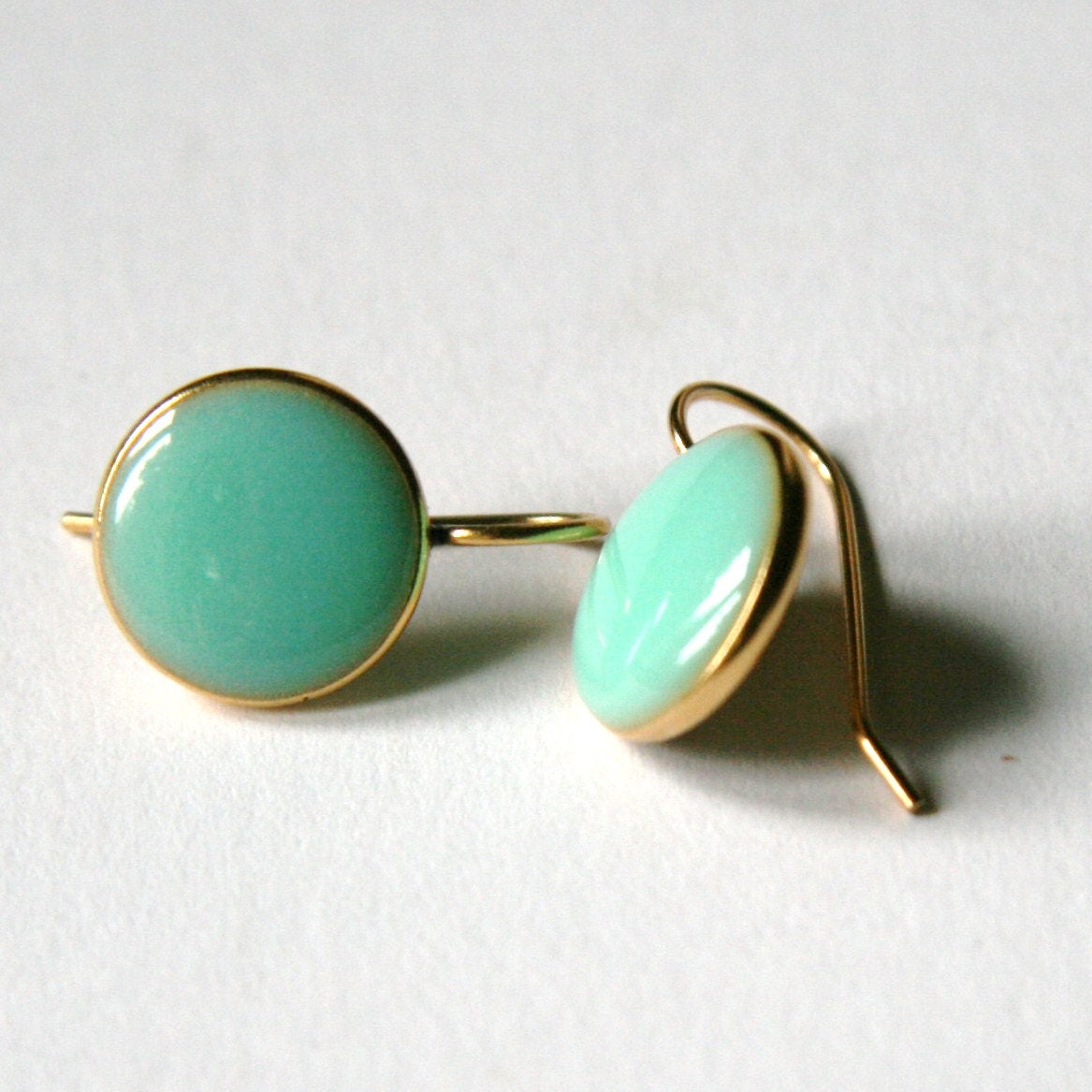 Sea Foam Green & Gold Small Circle Drop Earrings