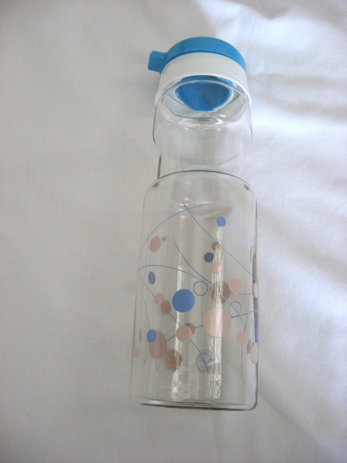Vintage Glass Juice Water Bottle Carafe Atomic Pink Blue Dots Circles