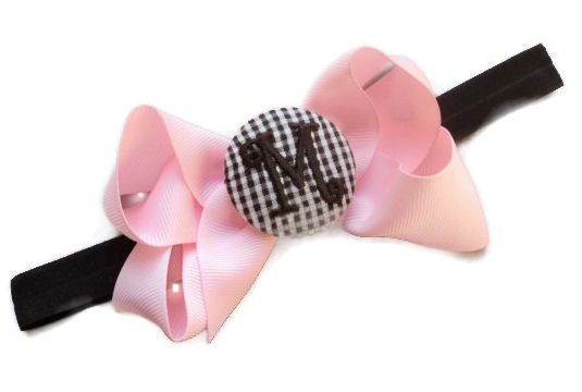 Monogram Hair Bow and Headband Kit - Personalized and super CUTE and Preppy Pink and Brown Gingham Hair Bow elastic headband for girls