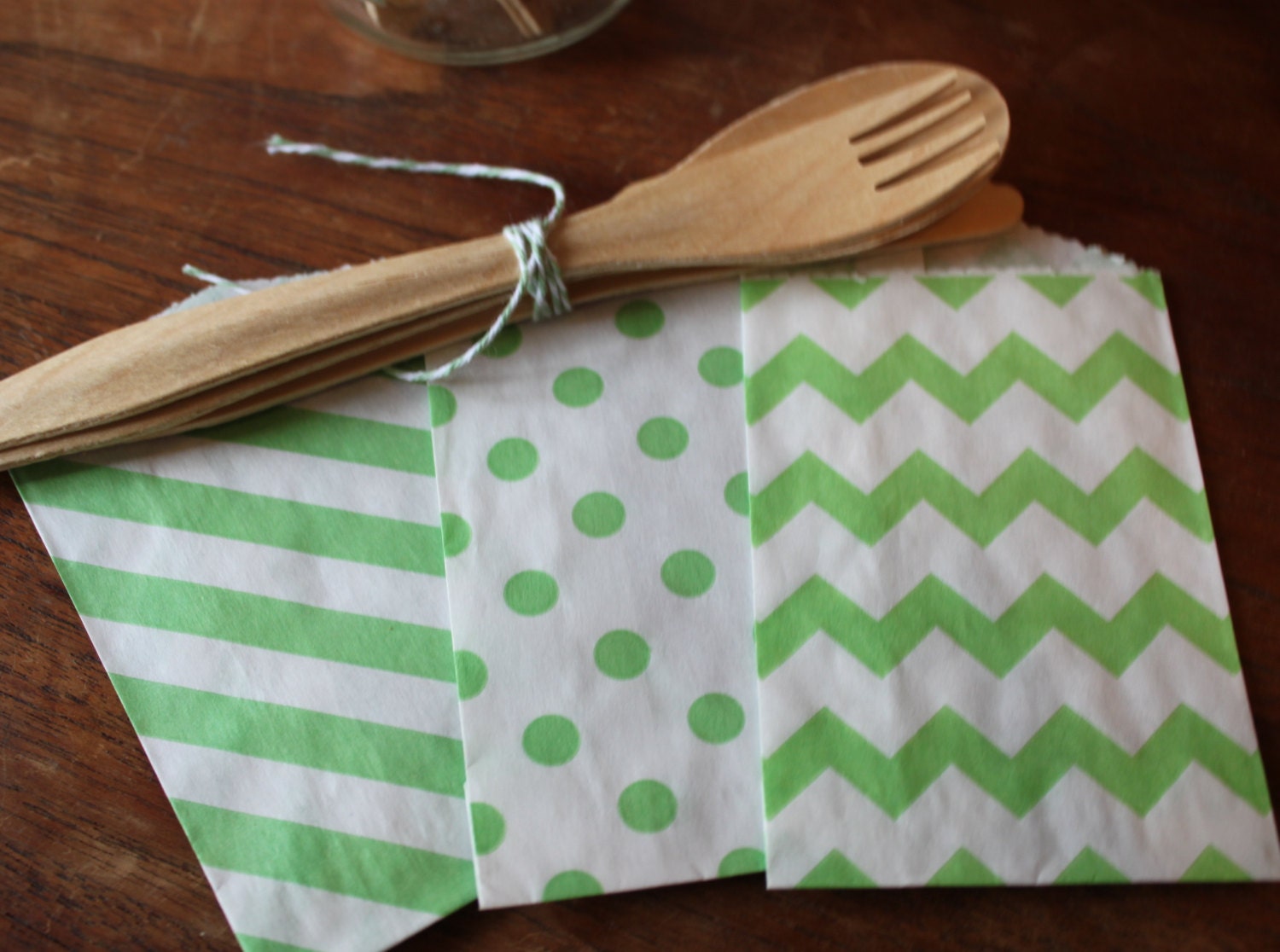 Green Paper Bags -- Party Favor, Goody, Gift -- set of 12 -- 2.75 X 4 - dots, stripes, chevron Il_570xn