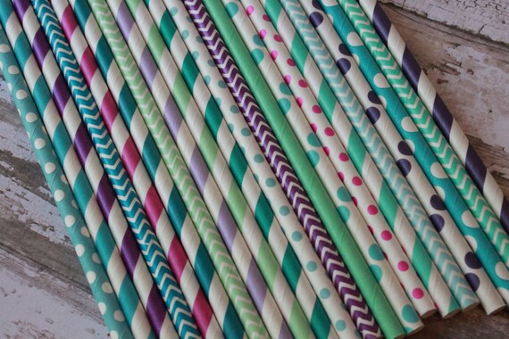 Mermaid Party Staws -- set of 20 -- purple, lavender, aqua, blue, teal, turquoise -- tropical Ocean Water Paper Drinking Straws Il_570xn