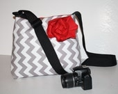 Slr CAMERA Bag Padded Womens Hobo 2  Purse  Foam Padding Grey Chevron Red Interior / Flower / Adjustable strap