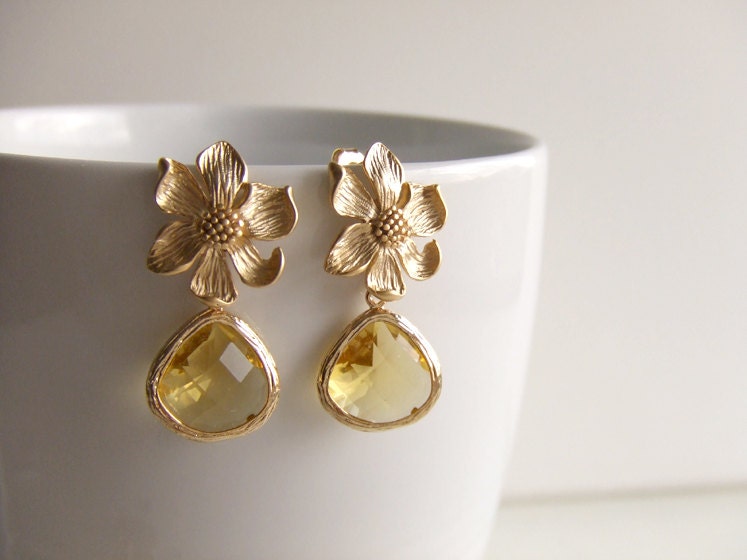 Van Gogh's Sunflower Jewelry Earrings, November Bithday, 16K Gold Plated earrings, Cirtine, Topaz, Gift for Her, Wedding Bridal