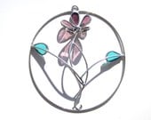 Spring Floret - Small 3D Stained Glass Wall Accent - Round Pink Flower Leaf Home Decorative Wire Wall Hanging Leaf Suncatcher Decoration