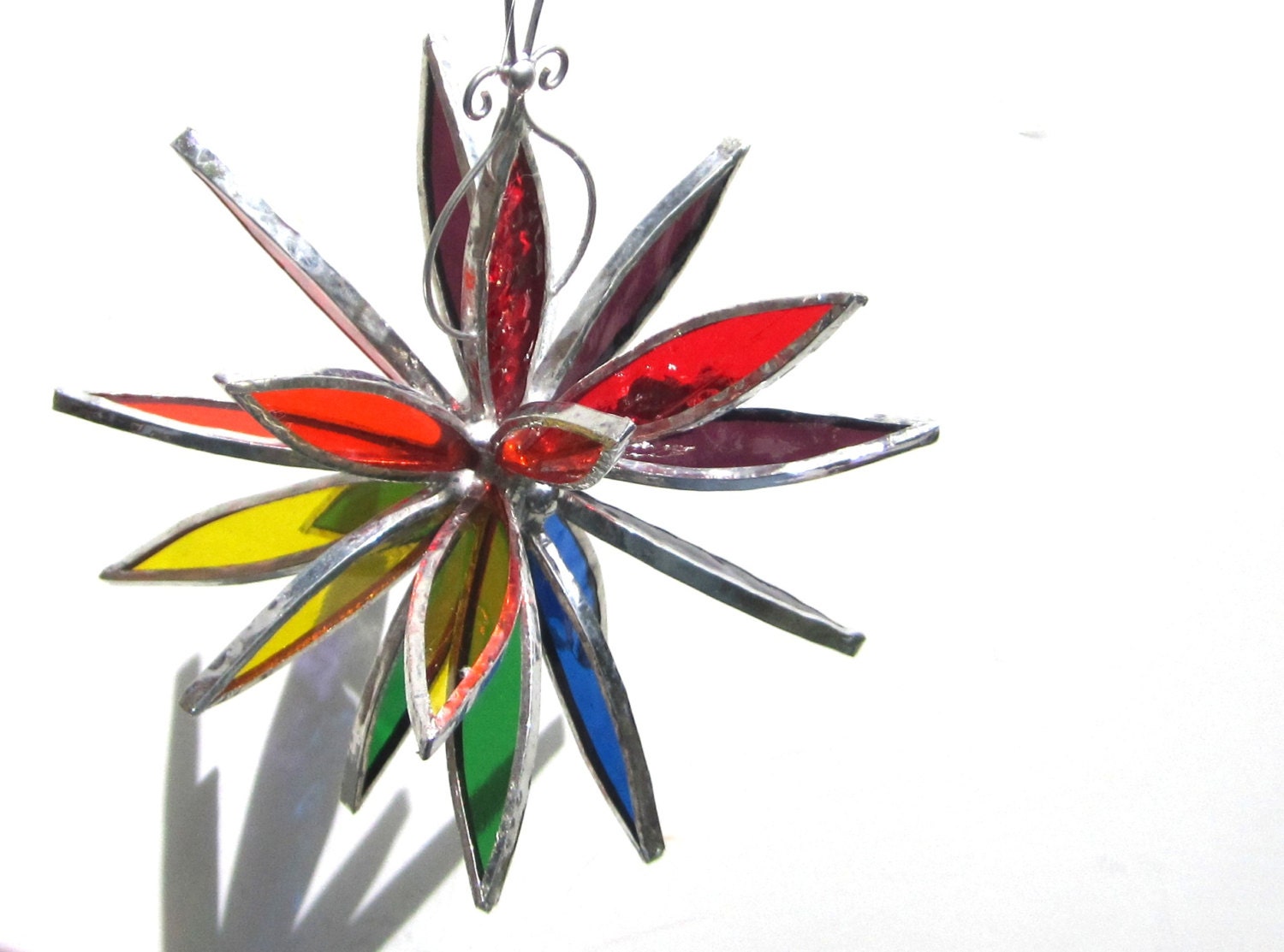 Rainbow Pop - 3D Stained Glass Flower Burst - Small Colorful Abstract Home Garden Decor Suncatcher 3Dimensional Hanging Ornament
