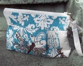 Dragonfly Wristlet Tea Stained Robins Egg Blue Damask