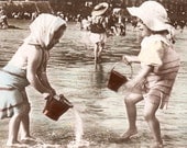 Vintage photo postcard SPlash Children w Sand Pails Playing at Beach Tinted photo