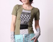 Womens Green Top - Army green graphic tee with grey patchwork, size M