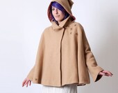 Wool Hooded Cape - Beige wool, Bronze stars cape coat with flared sleeves - sz S-M