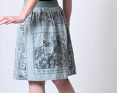 Aqua green skirt - Short pleated skirt, vintage medicinal print - Size S