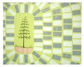 Mixed Media Block Printed Art with Pine Tree Illustration on Wood, Original Art by Erin Lang Norris